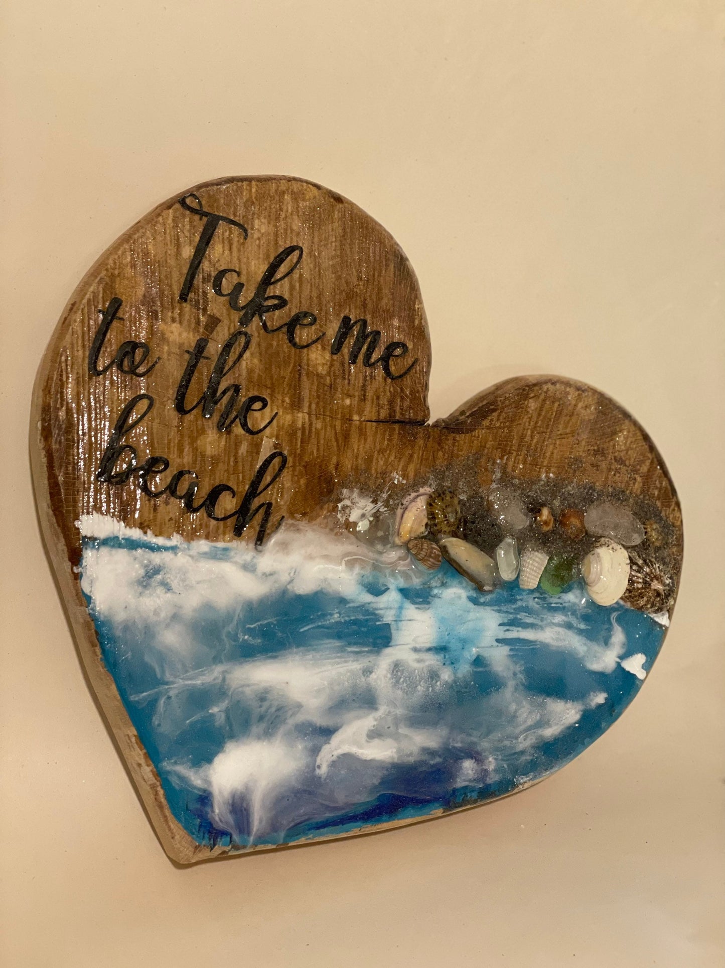 Take me to the beach wooden heart with resin waves statement wall art for coastal themed room, beach vibe sign for summer birthday gift,