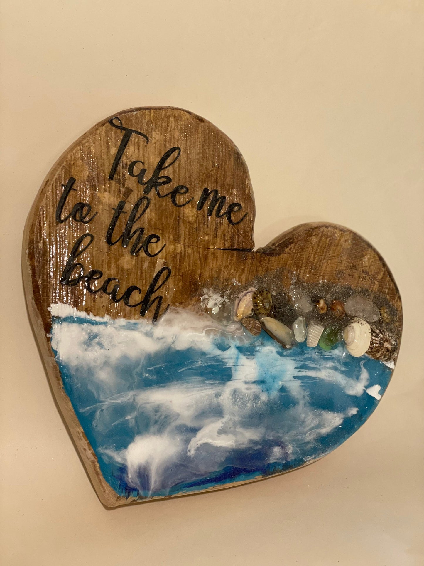 Take me to the beach wooden heart with resin waves statement wall art for coastal themed room, beach vibe sign for summer birthday gift,