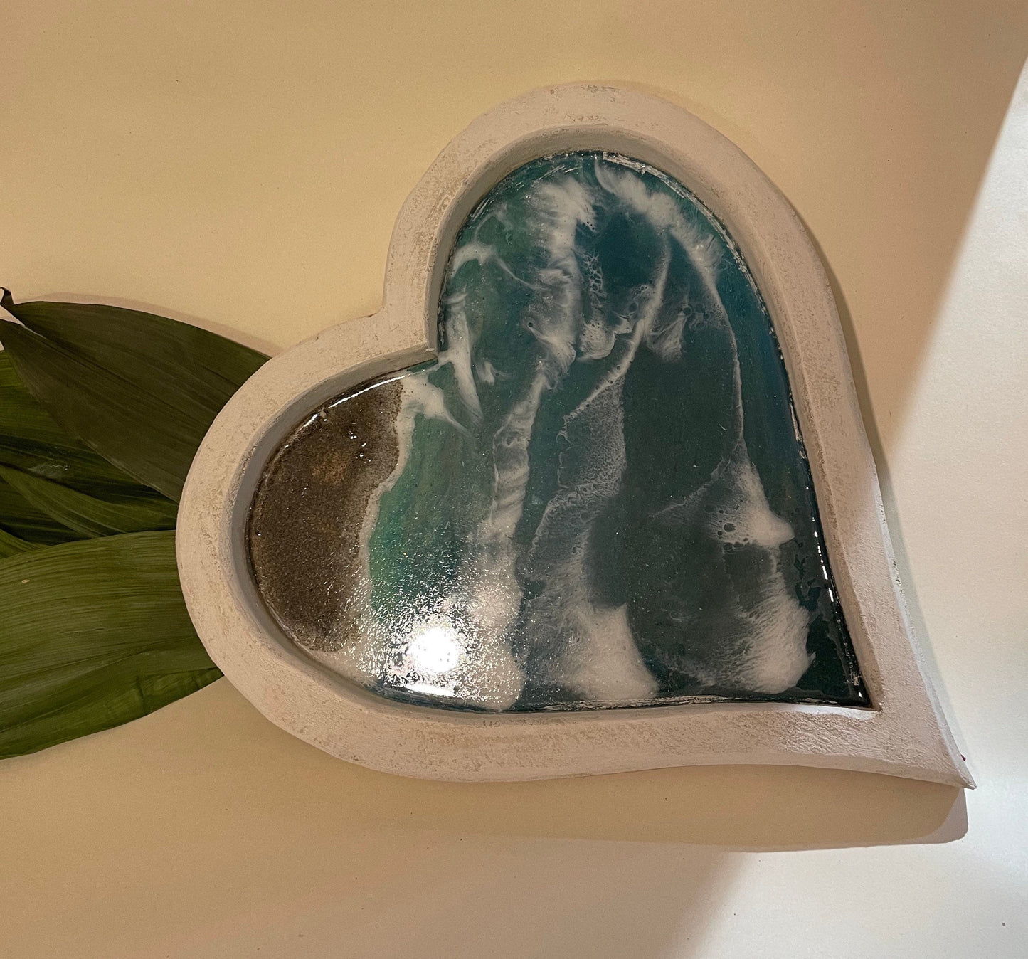 White heart shaped dish with resin waves coastal home decor gift for her, handmade gift, unique gift, Christmas gift for her,