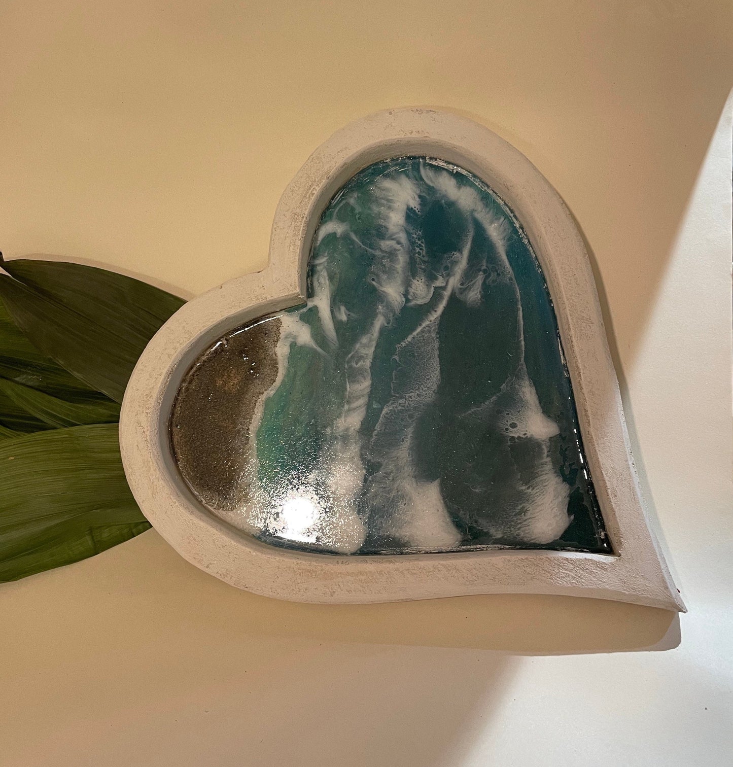 White heart shaped dish with resin waves coastal home decor gift for her, handmade gift, unique gift, Christmas gift for her,