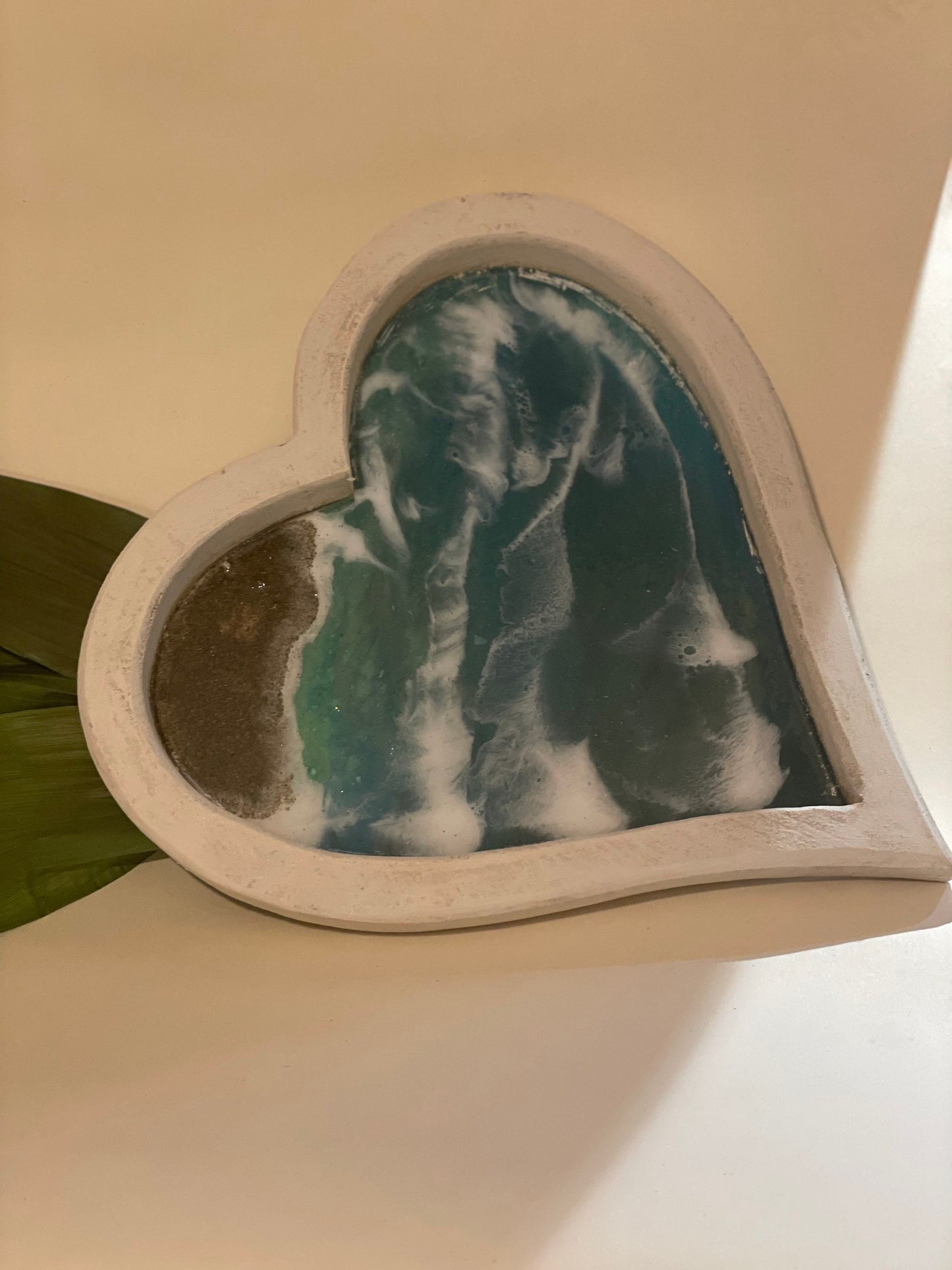 White heart shaped dish with resin waves coastal home decor gift for her, handmade gift, unique gift, Christmas gift for her,