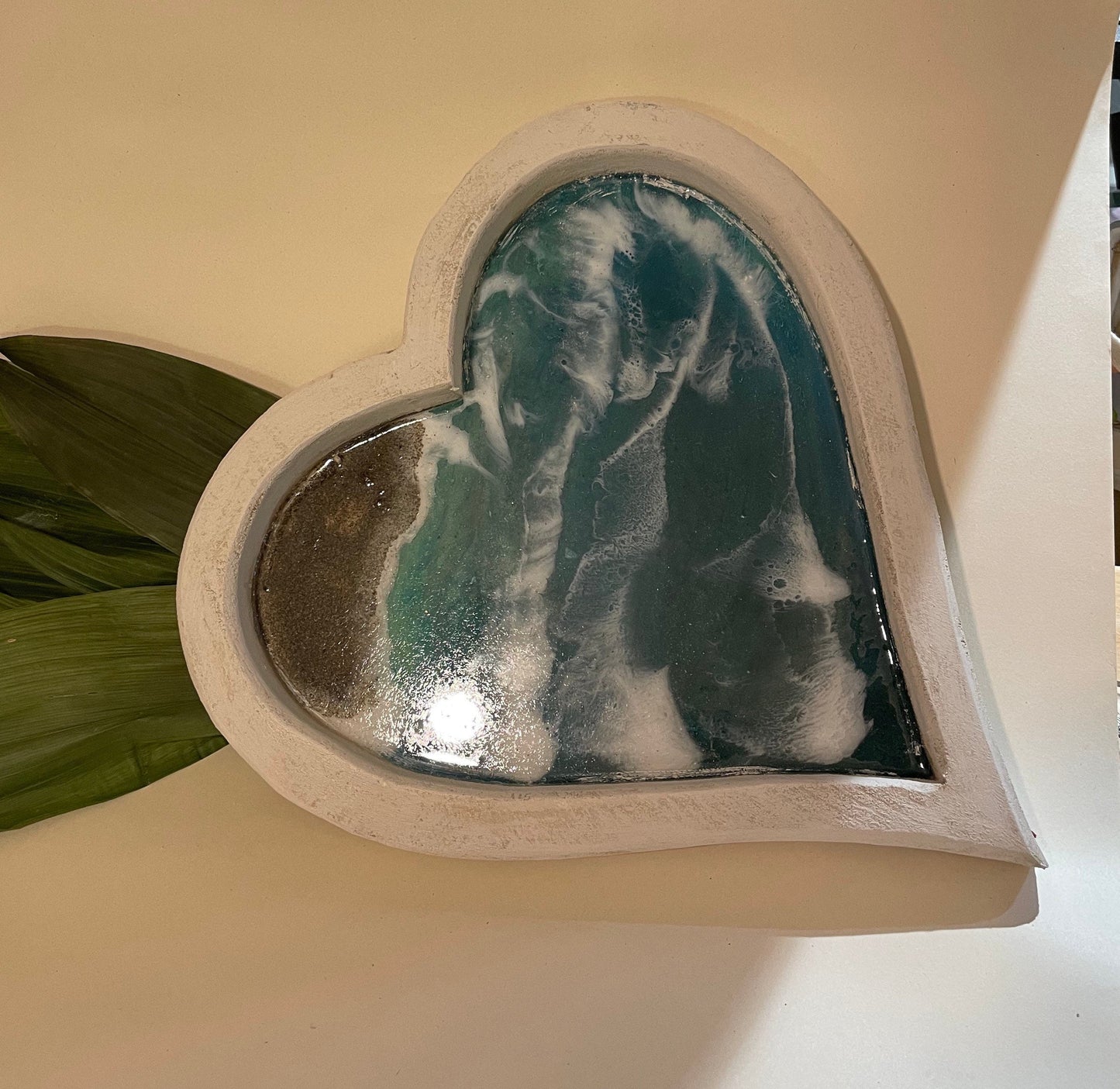 White heart shaped dish with resin waves coastal home decor gift for her, handmade gift, unique gift, Christmas gift for her,