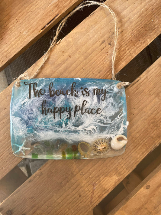 Resin waves hanging wall art, the beach is my happy place wall hanging, handmade gift for beach lover, gift for her, seaside gift for her,