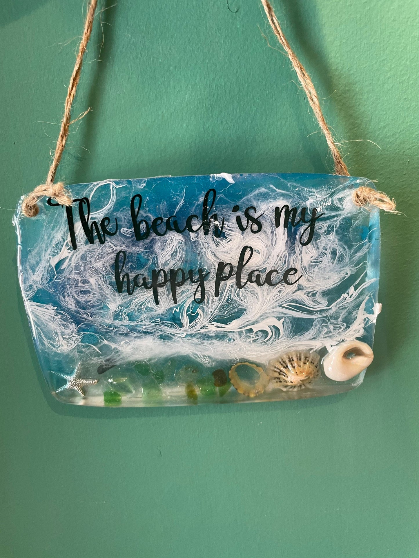 Resin waves hanging wall art, the beach is my happy place wall hanging, handmade gift for beach lover, gift for her, seaside gift for her,