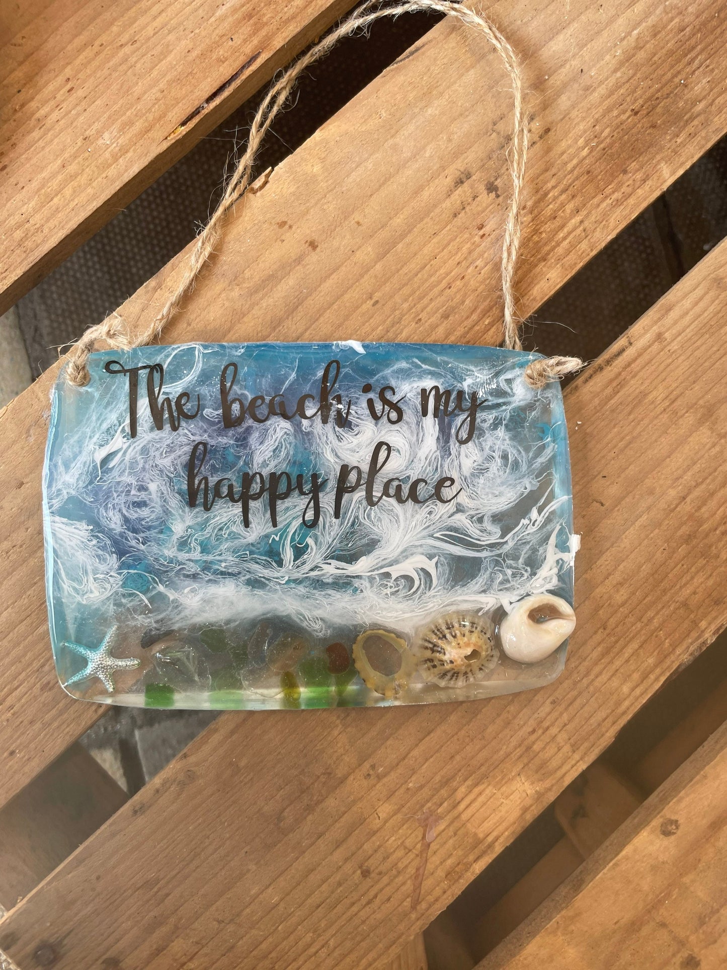 Resin waves hanging wall art, the beach is my happy place wall hanging, handmade gift for beach lover, gift for her, seaside gift for her,