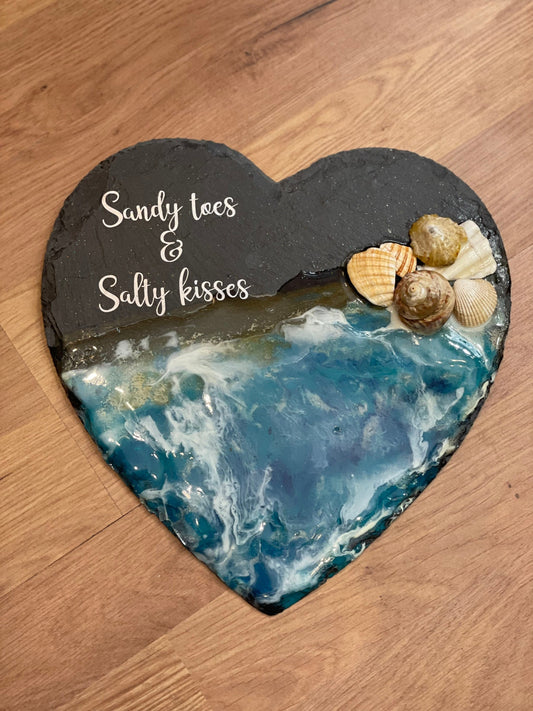 Waves in resin beach art on slate heart, sandy toes and salty kisses beach art, handmade gift for her, seaside resin wall art,