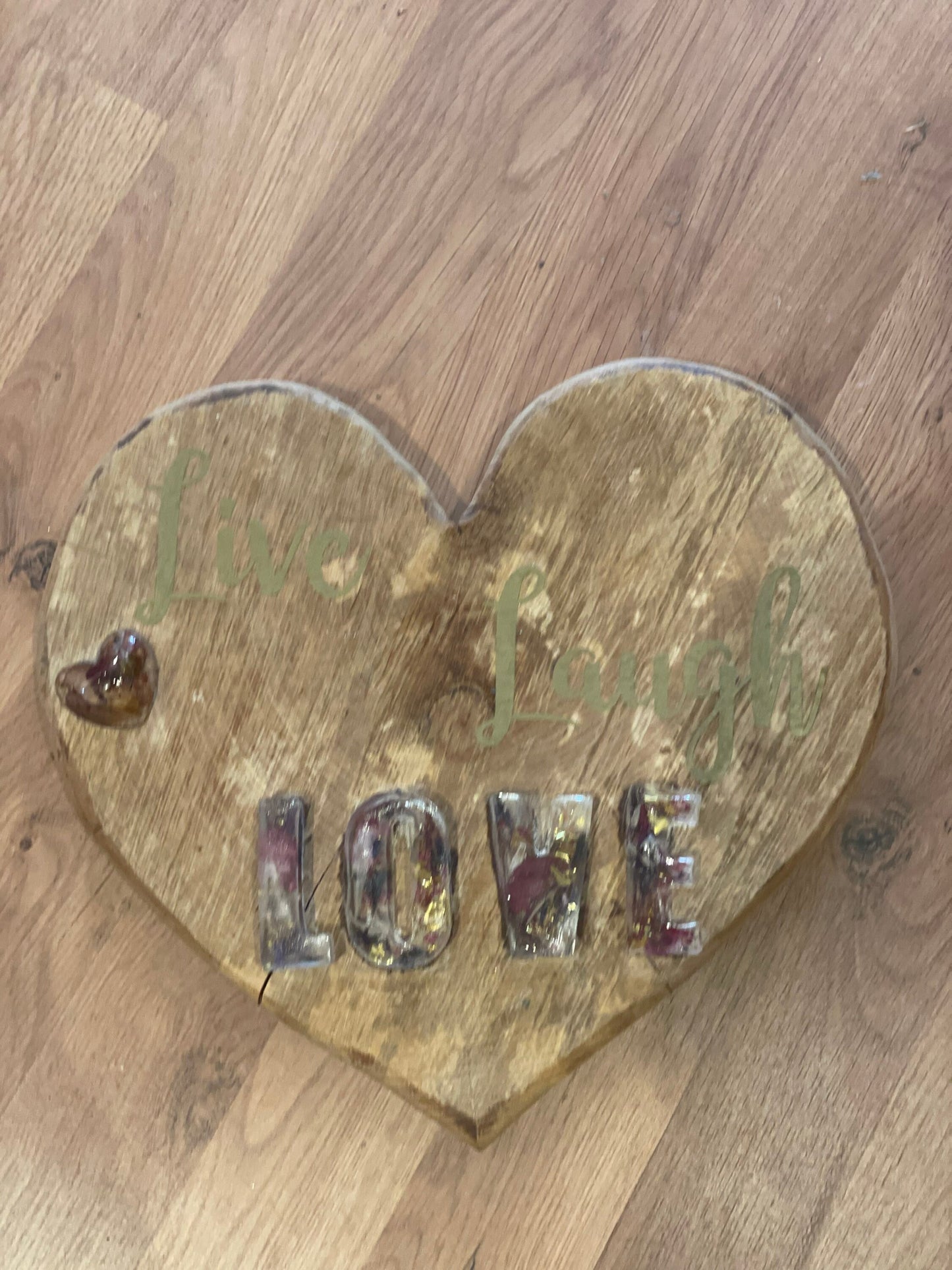 Live laugh love wooden heart with resin letters, hanging wall sign, gift for her, home sign with real flowers, housewarming