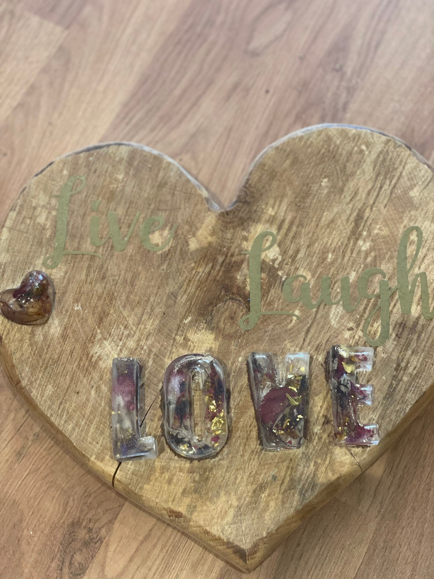 Live laugh love wooden heart with resin letters, hanging wall sign, gift for her, home sign with real flowers, housewarming