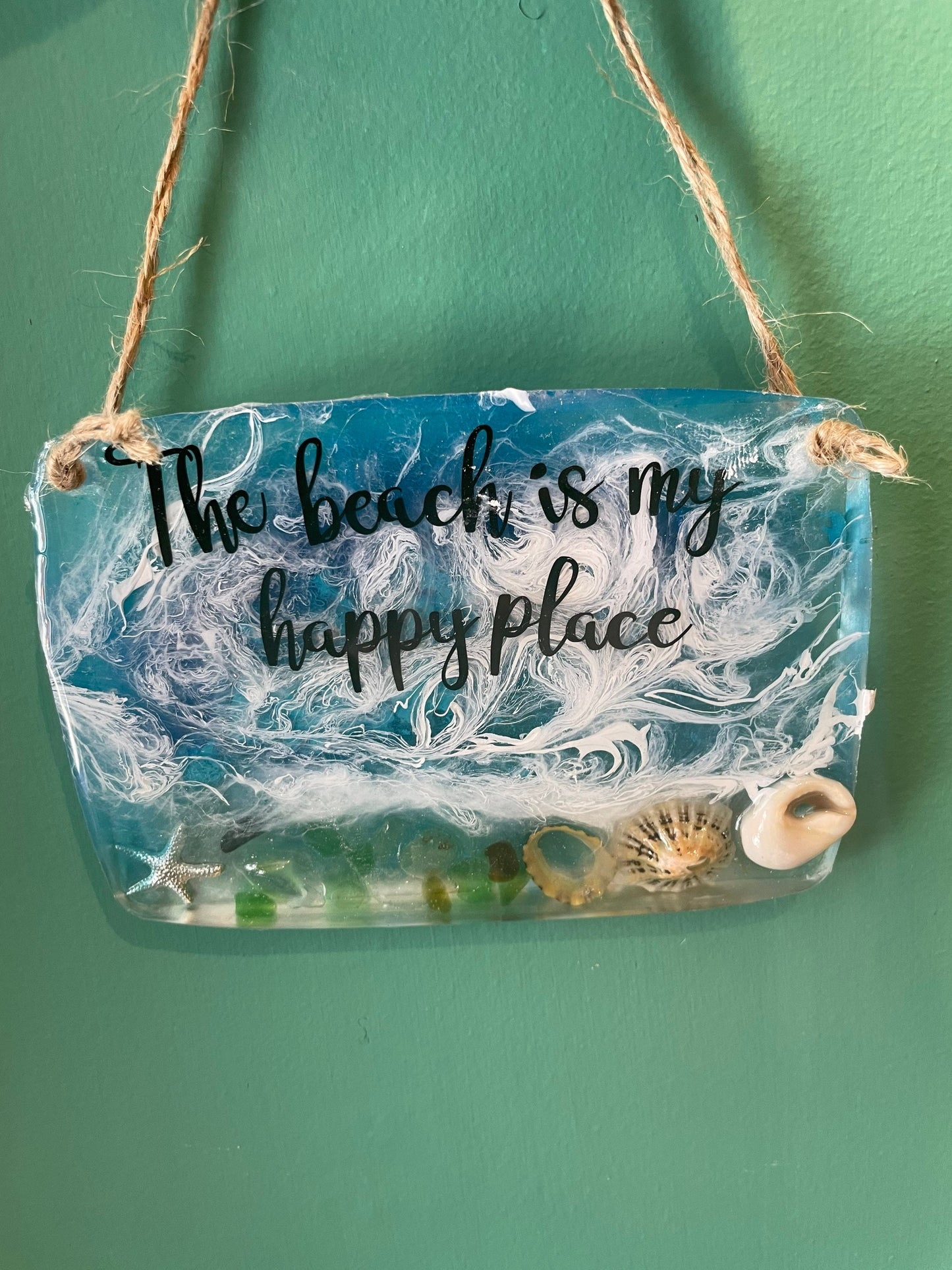 Resin waves hanging wall art, the beach is my happy place wall hanging, handmade gift for beach lover, gift for her, seaside gift for her,