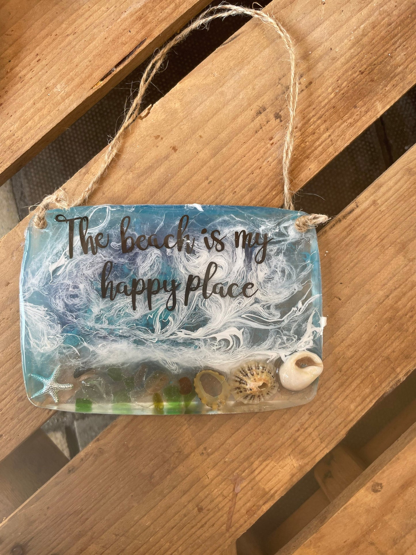 Resin waves hanging wall art, the beach is my happy place wall hanging, handmade gift for beach lover, gift for her, seaside gift for her,