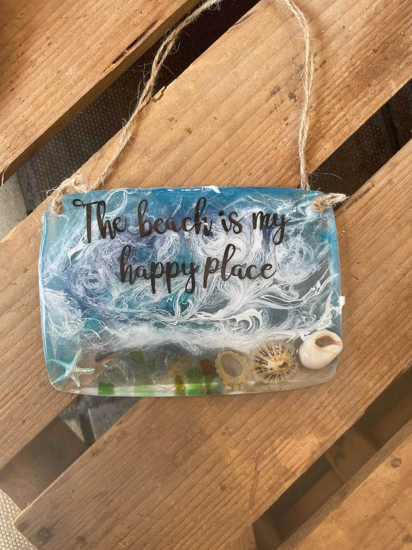 Resin waves hanging wall art, the beach is my happy place wall hanging, handmade gift for beach lover, gift for her, seaside gift for her,