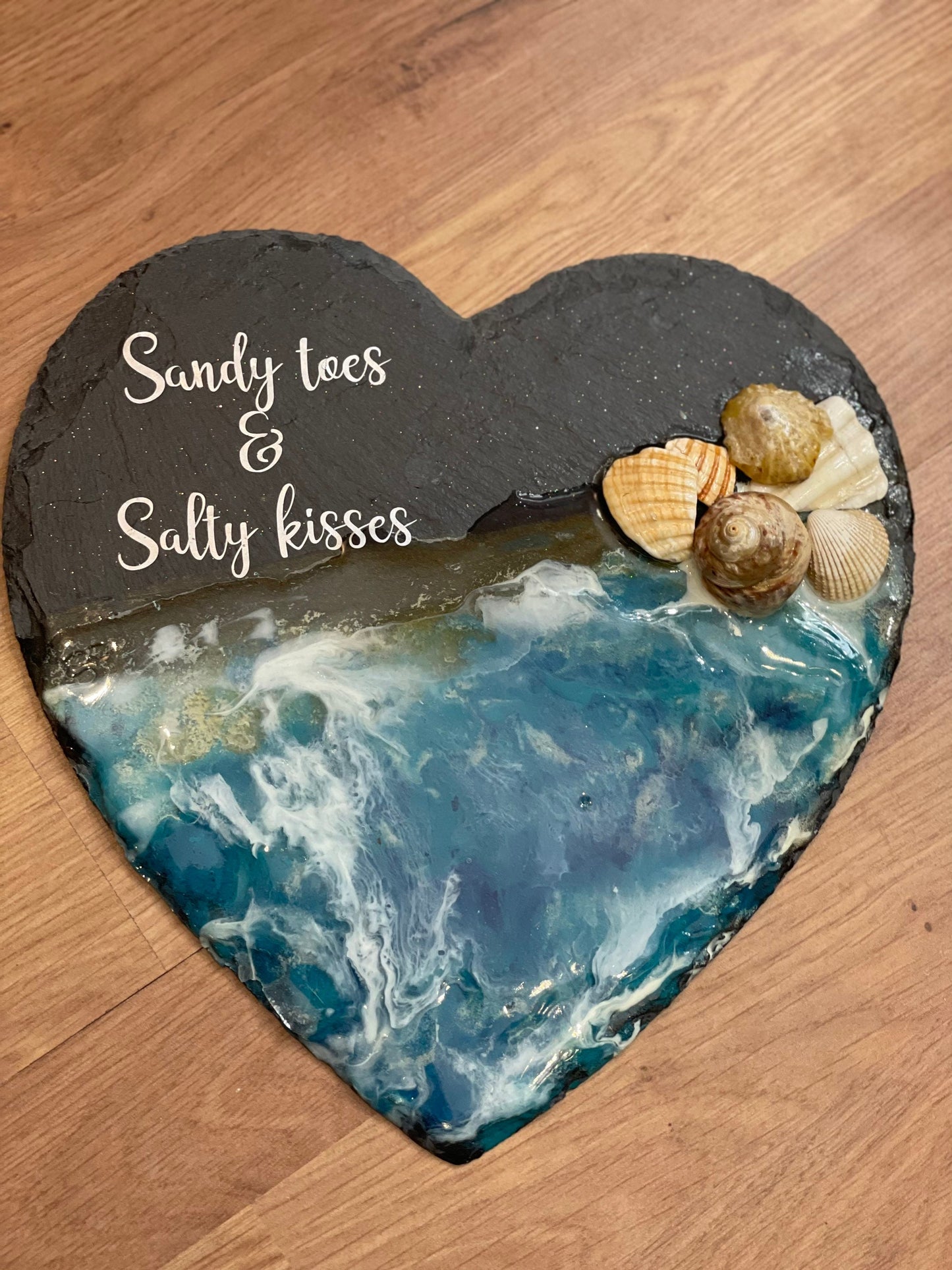 Waves in resin beach art on slate heart, sandy toes and salty kisses beach art, handmade gift for her, seaside resin wall art,