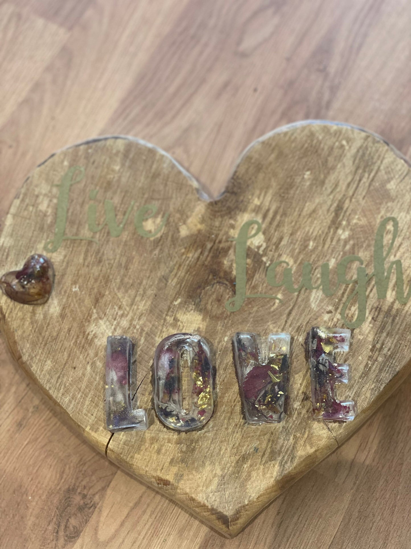 Live laugh love wooden heart with resin letters, hanging wall sign, gift for her, home sign with real flowers, housewarming